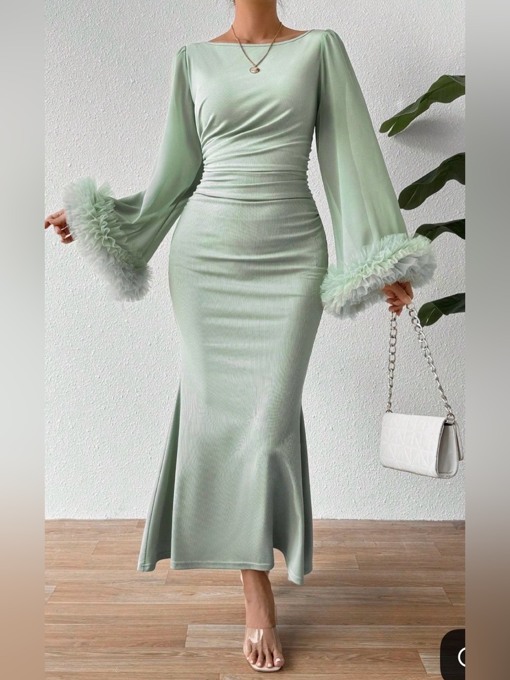 Mint Trumpet Ruffled Sleeve Dress